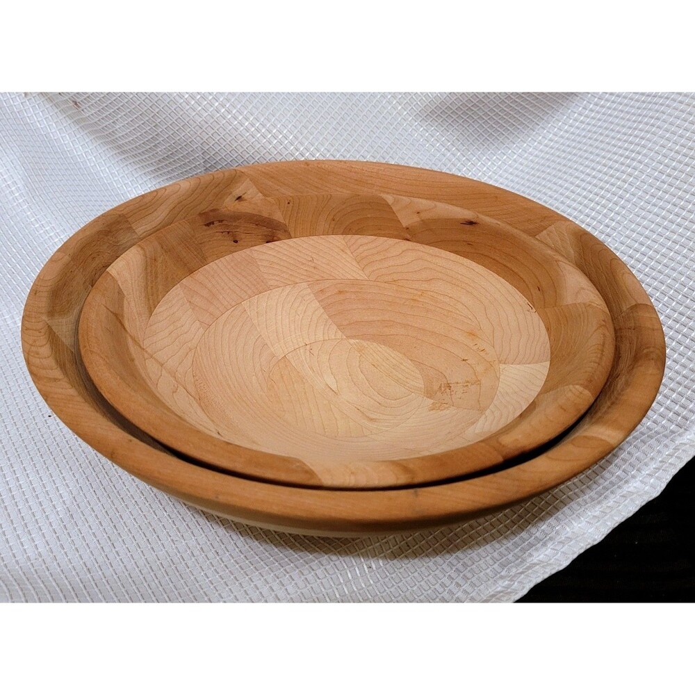 Set of 2 Wooden Bowls Snack Trinket Salad Round Unstained 10.25 & 12 inch